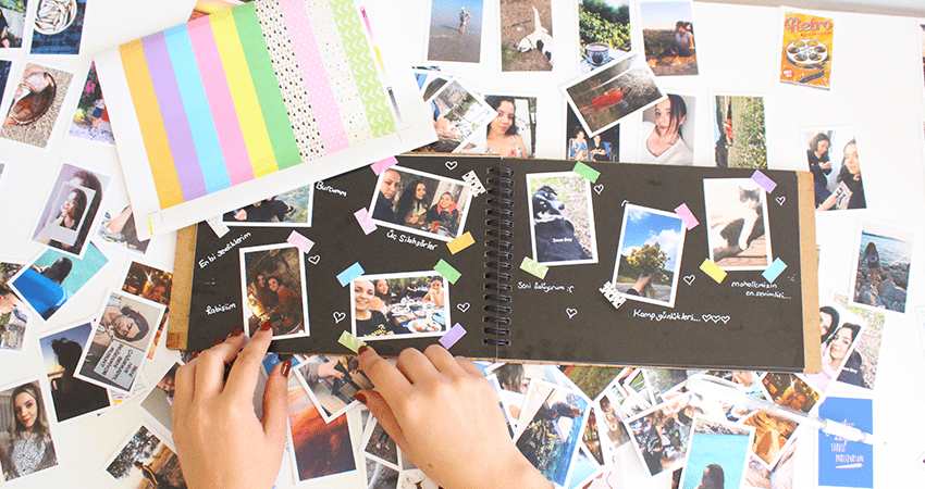 Anı Albümü 105 adet 5x7 fotoğraf 17x25 Siyah Yapraklı Ahşap Kapaklı Albüm ve 100 adet sticker